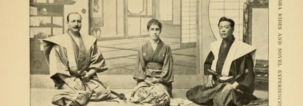 « We Decide to Have Our Photographs Taken in Japanese Costume », Kusakabe Kimbei,  in Charles M. Taylor’s Vacation Days in Hawaii and Japan (Philadelphia: George W. Jacobs & Co., 1898), 151. Halftone reproduction.
